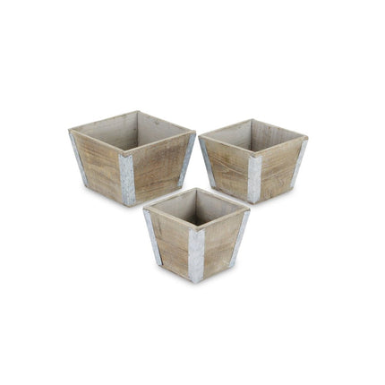 Set of Three Natural And Silver Metal And Wood 217 Ounce Square Distressed Planter Boxes HomeRoots