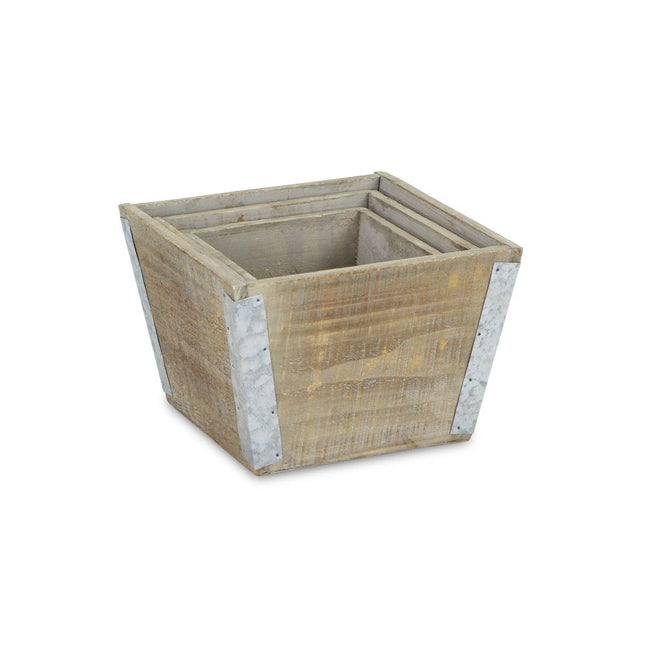Set of Three Natural And Silver Metal And Wood 217 Ounce Square Distressed Planter Boxes HomeRoots