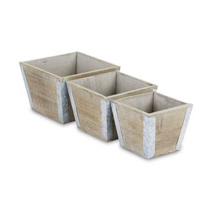 Set of Three Natural And Silver Metal And Wood 217 Ounce Square Distressed Planter Boxes HomeRoots