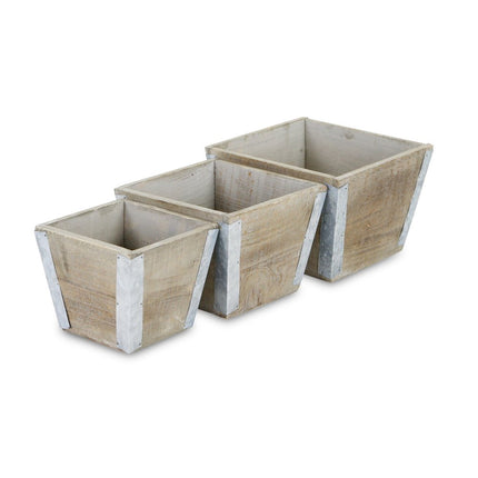 Set of Three Natural And Silver Metal And Wood 217 Ounce Square Distressed Planter Boxes HomeRoots