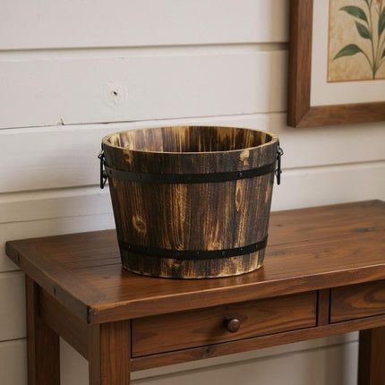 Brown Wood And Metal 400 Ounce Round Distressed Planter Box
