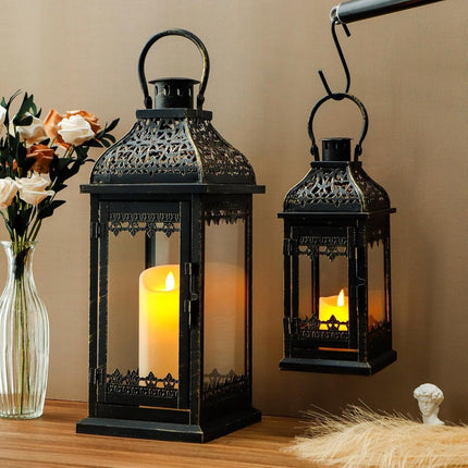 Set of Two Black Distressed Filigree Metal Tabletop Lantern Candle Holders HomeRoots