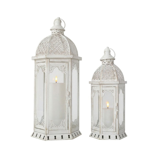 Set of Two White Distressed Ornate Metal Tabletop Lantern Candle Holders HomeRoots