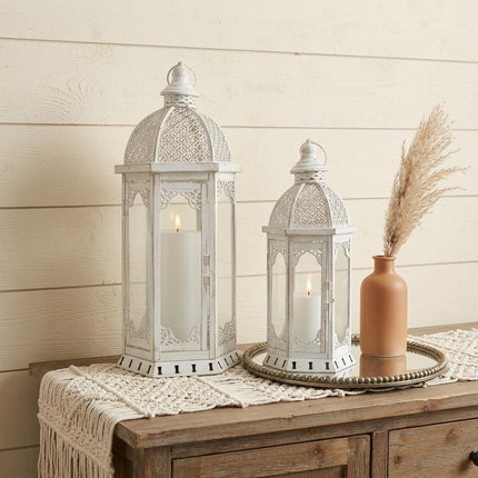 Set of Two White Distressed Ornate Metal Tabletop Lantern Candle Holders