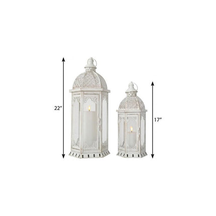 Set of Two White Distressed Ornate Metal Tabletop Lantern Candle Holders