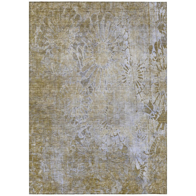 9' X 12' Wheat And Beige Floral Washable Indoor Outdoor Area Rug