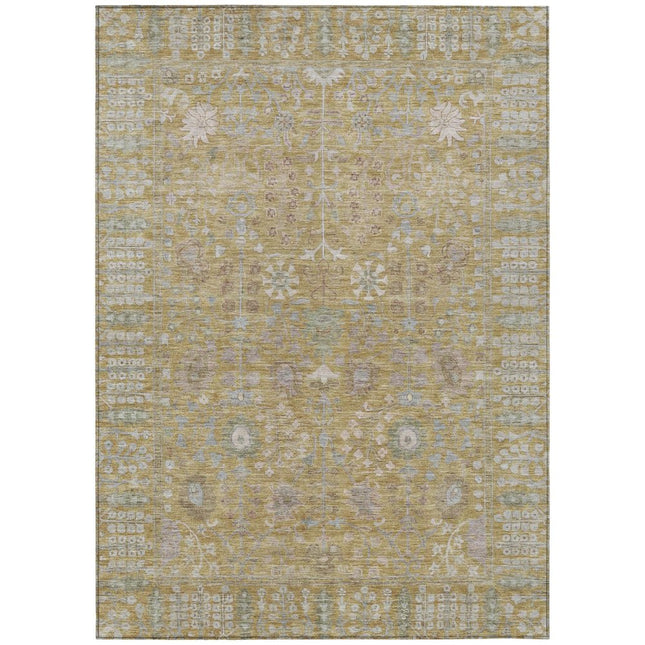 9' X 12' Wheat And Beige Floral Washable Indoor Outdoor Area Rug