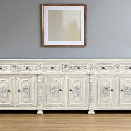 118" White Distressed Solid Wood Carved Floral Six Drawer Sideboard with Six Doors HomeRoots