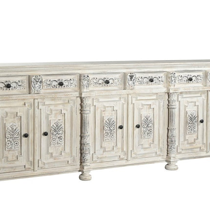 118" White Distressed Solid Wood Carved Floral Six Drawer Sideboard with Six Doors HomeRoots