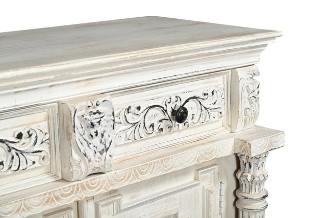 118" White Distressed Solid Wood Carved Floral Six Drawer Sideboard with Six Doors HomeRoots