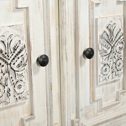 118" White Distressed Solid Wood Carved Floral Six Drawer Sideboard with Six Doors HomeRoots