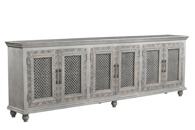 111" Gray Distressed Solid Wood Carved Floral Sideboard with Six Doors HomeRoots