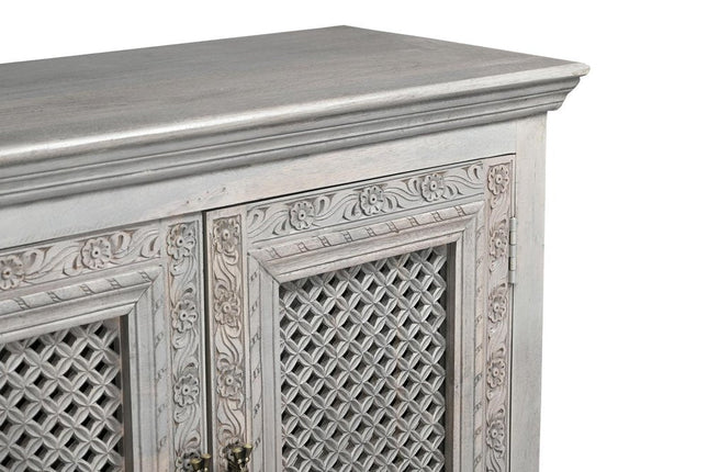 111" Gray Distressed Solid Wood Carved Floral Sideboard with Six Doors HomeRoots
