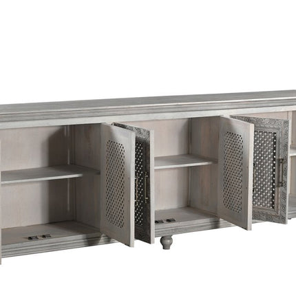 111" Gray Distressed Solid Wood Carved Floral Sideboard with Six Doors HomeRoots