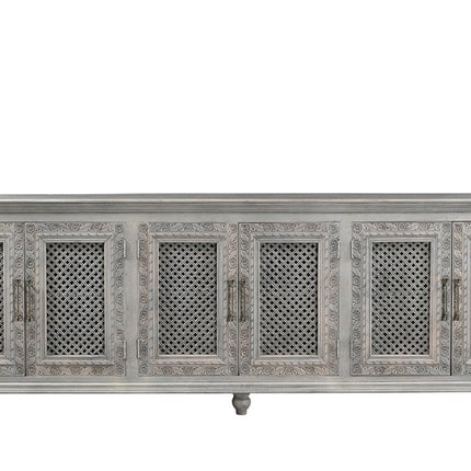 111" Gray Distressed Solid Wood Carved Floral Sideboard with Six Doors HomeRoots