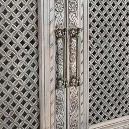 111" Gray Distressed Solid Wood Carved Floral Sideboard with Six Doors HomeRoots