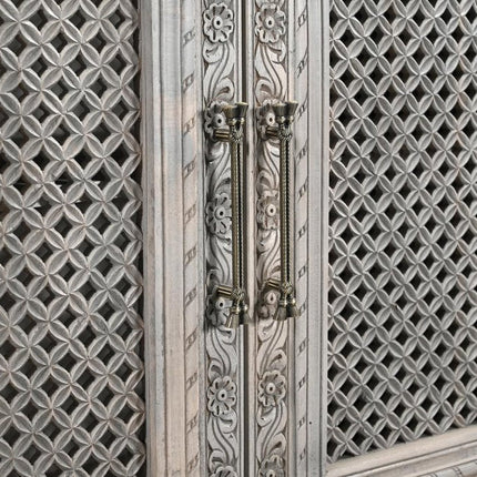 111" Gray Distressed Solid Wood Carved Floral Sideboard with Six Doors HomeRoots