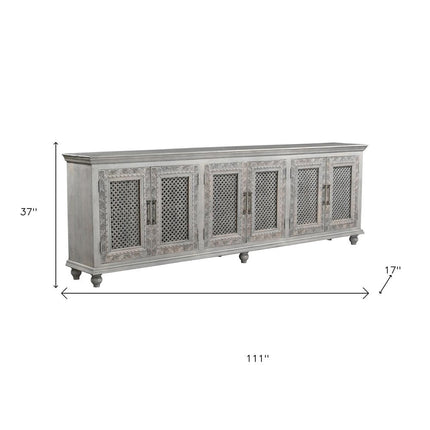 111" Gray Distressed Solid Wood Carved Floral Sideboard with Six Doors HomeRoots