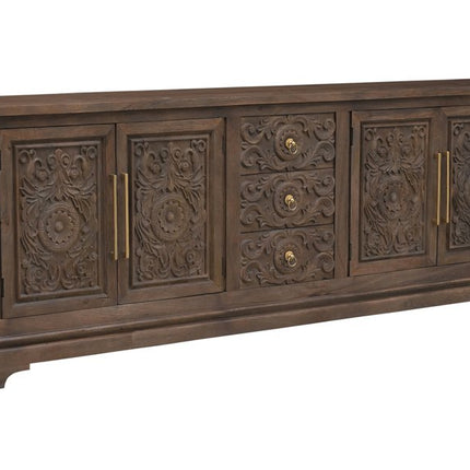 106" Brown Distressed Solid Wood Carved Floral Three Drawer Sideboard with Four Doors HomeRoots