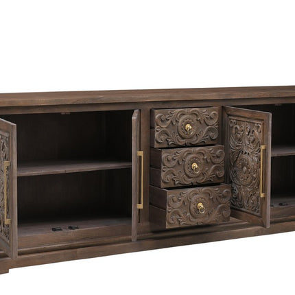 106" Brown Distressed Solid Wood Carved Floral Three Drawer Sideboard with Four Doors HomeRoots
