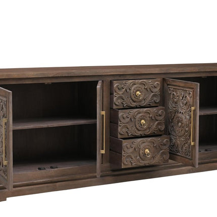 106" Brown Distressed Solid Wood Carved Floral Three Drawer Sideboard with Four Doors HomeRoots