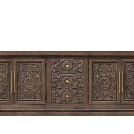 106" Brown Distressed Solid Wood Carved Floral Three Drawer Sideboard with Four Doors HomeRoots