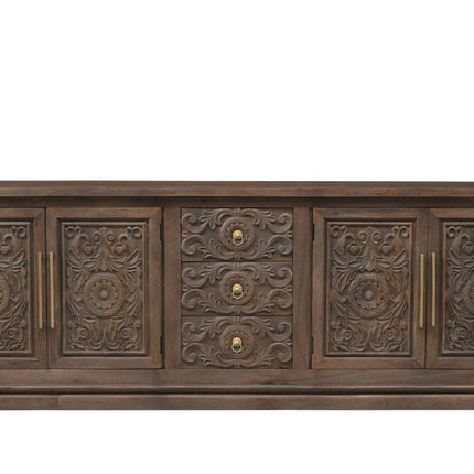 106" Brown Distressed Solid Wood Carved Floral Three Drawer Sideboard with Four Doors HomeRoots