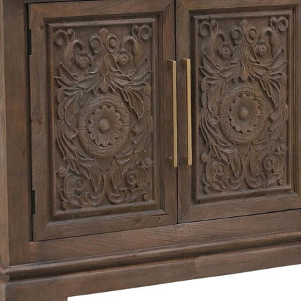 106" Brown Distressed Solid Wood Carved Floral Three Drawer Sideboard with Four Doors HomeRoots