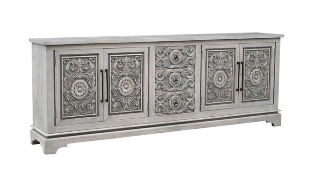 106" Gray Distressed Solid Wood Carved Floral Three Drawer Sideboard with Four Doors HomeRoots
