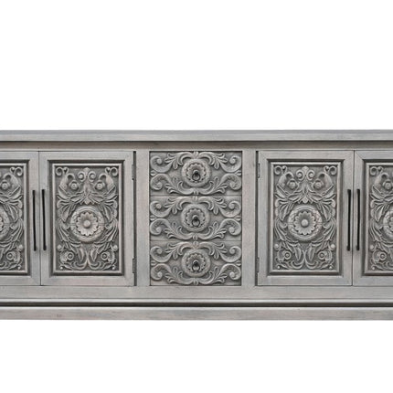 106" Gray Distressed Solid Wood Carved Floral Three Drawer Sideboard with Four Doors HomeRoots