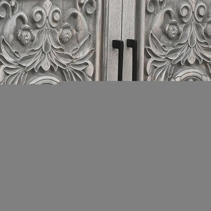 106" Gray Distressed Solid Wood Carved Floral Three Drawer Sideboard with Four Doors HomeRoots