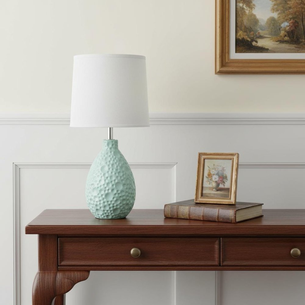 14" Blue Ceramic Round Table Lamp With White Drum Shade