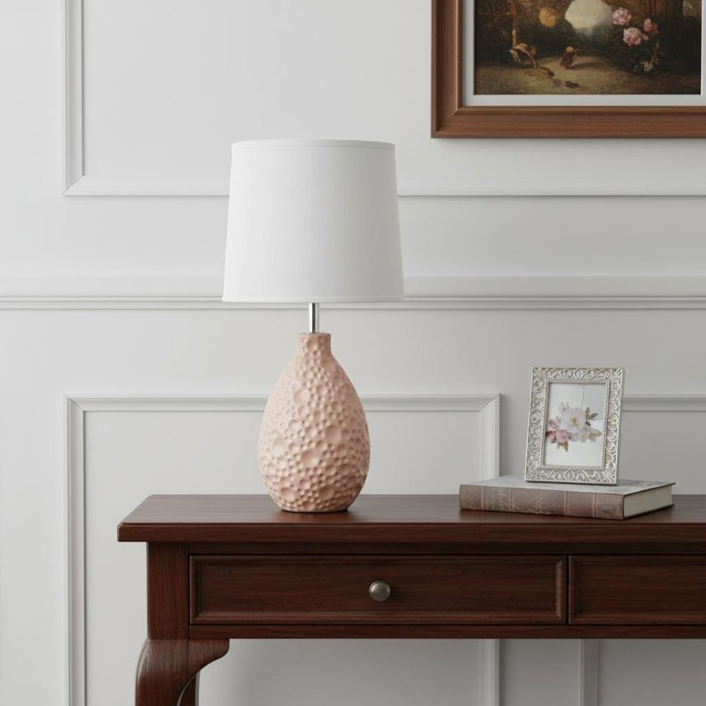 14" Pink Ceramic Round Table Lamp With White Drum Shade