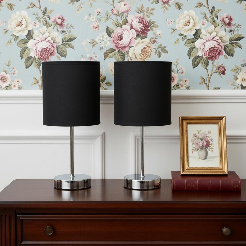 Set of Two 12" Silver Metal Table Lamp With Black Drum Shade