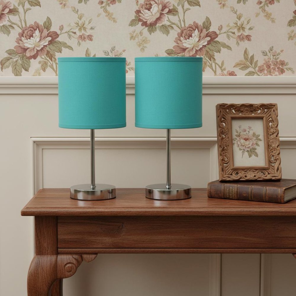 Set of Two 12" Silver Metal Table Lamp With Blue Drum Shade