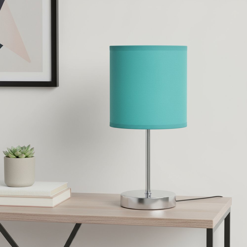 12" Silver Metal Table Lamp LED With Blue Drum Shade