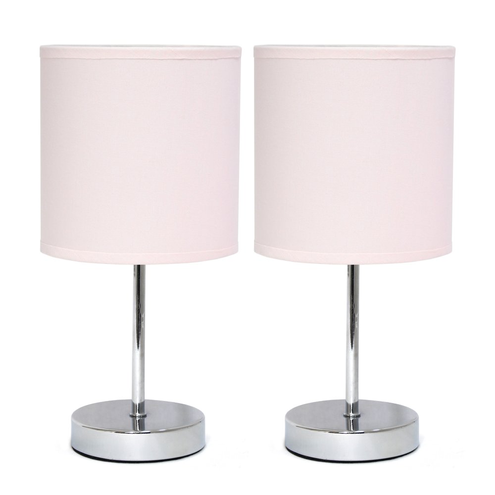 Set of Two 12" Silver Metal Table Lamp With Blush Drum Shade
