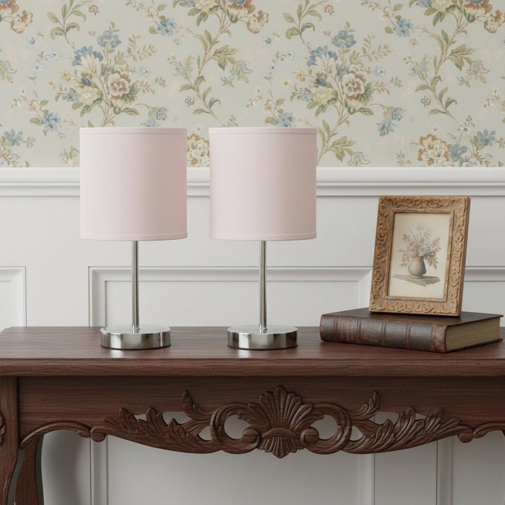 Set of Two 12" Silver Metal Table Lamp With Blush Drum Shade