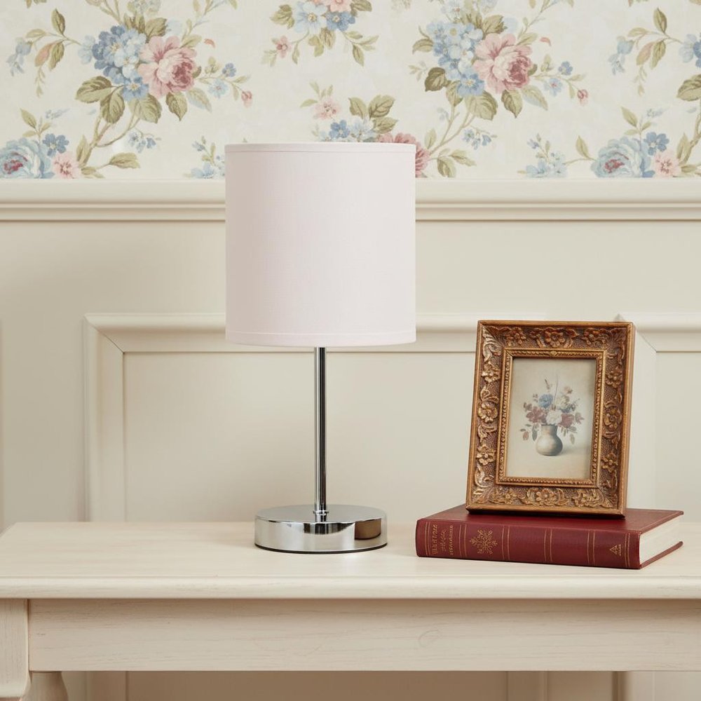 12" Silver Metal Table Lamp LED With Blush Drum Shade