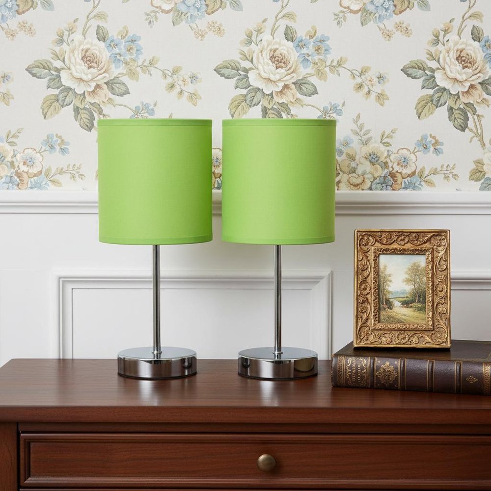Set of Two 12" Silver Metal Table Lamp With Green Drum Shade