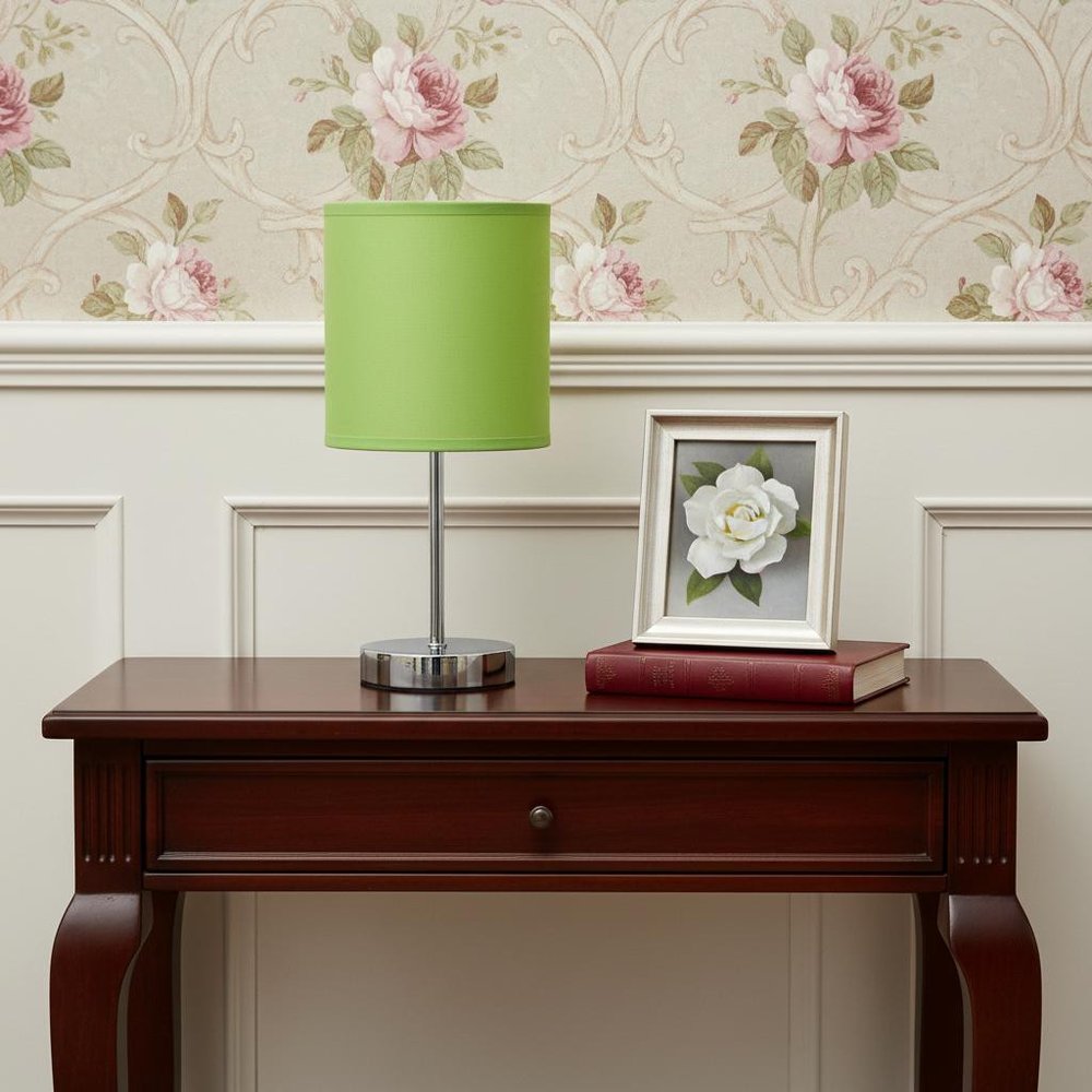 12" Silver Metal Table Lamp LED With Green Drum Shade