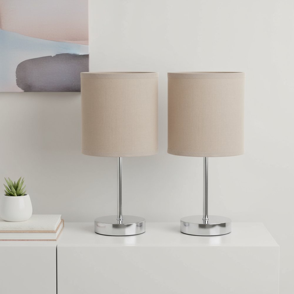 Set of Two 12" Silver Metal Table Lamp With Gray Drum Shade