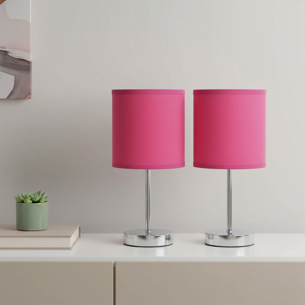 Set of Two 12" Silver Metal Table Lamp With Hot Pink Drum Shade