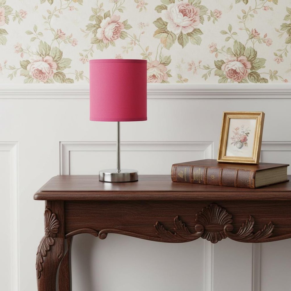 12" Silver Metal Table Lamp LED With Hot Pink Drum Shade