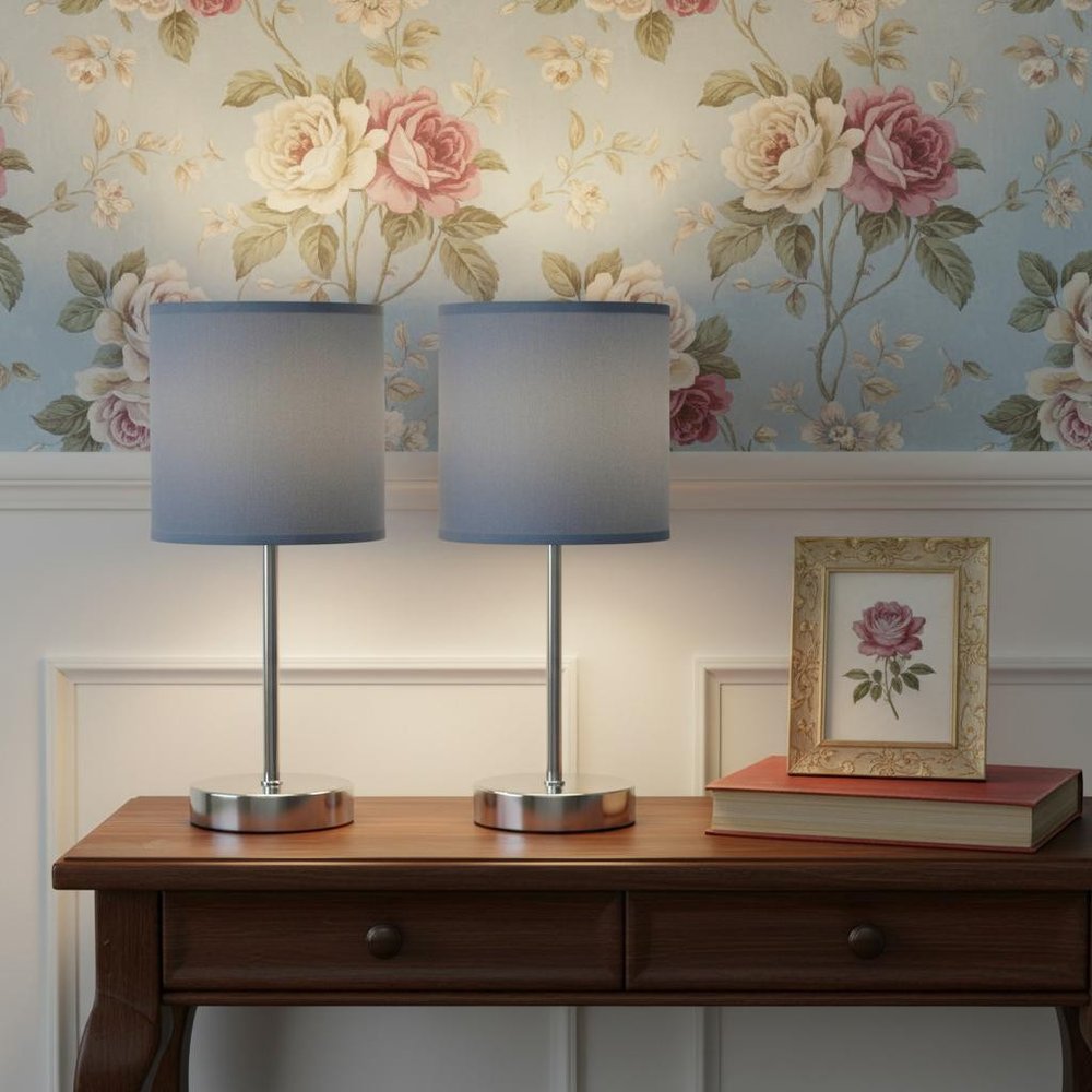 Set of Two 12" Silver Metal Table Lamp With Purple Drum Shade