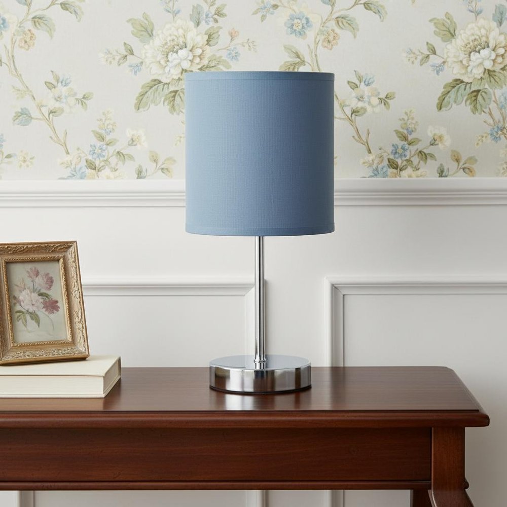 12" Silver Metal Table Lamp LED With Purple Drum Shade