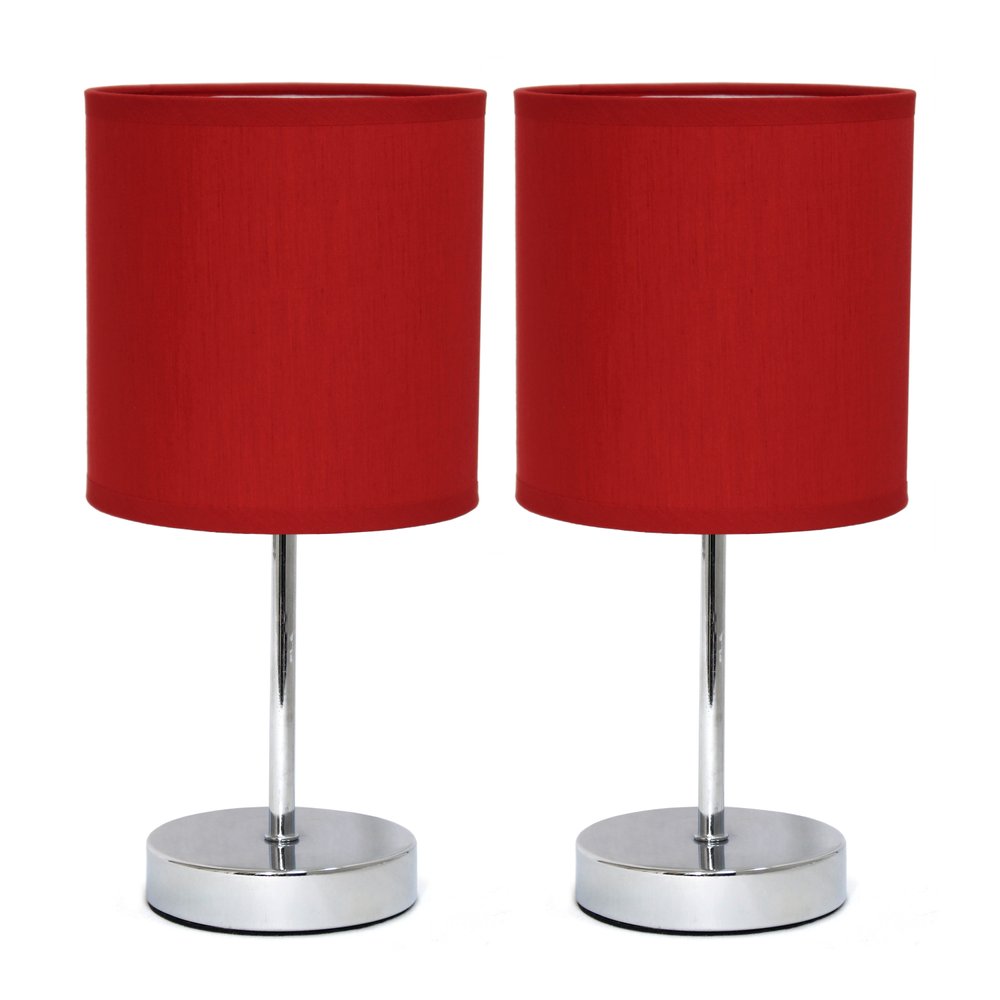 Set of Two 12" Silver Metal Table Lamp With Red Drum Shade