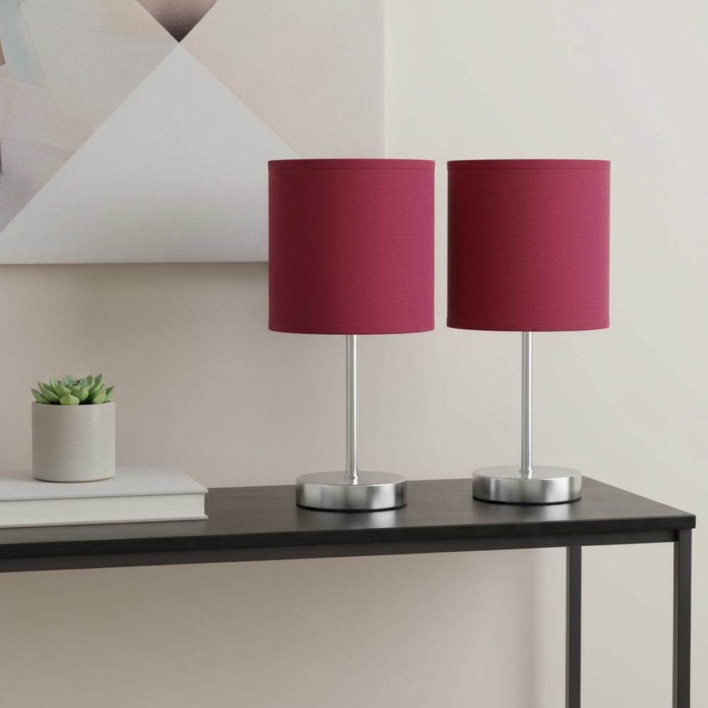 Set of Two 12" Silver Metal Table Lamp With Wine Drum Shade