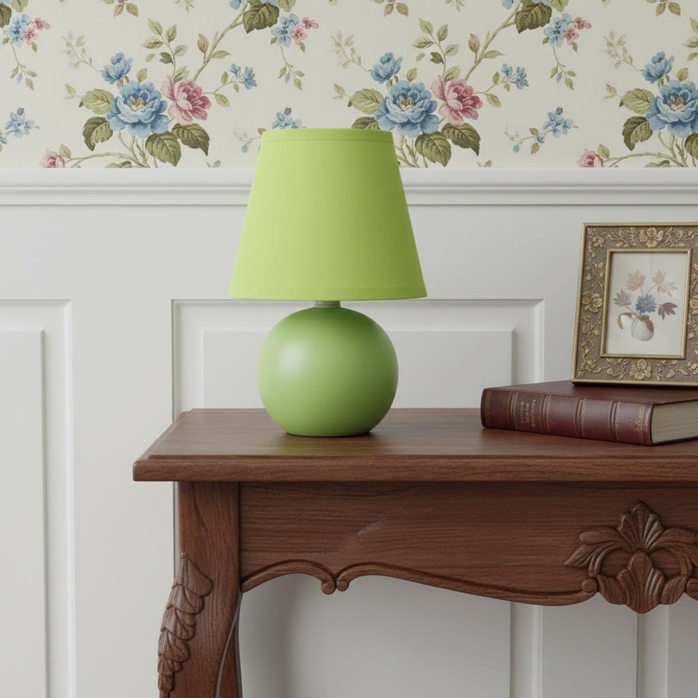 9" Green Ceramic Round Table Lamp With Green Drum Shade