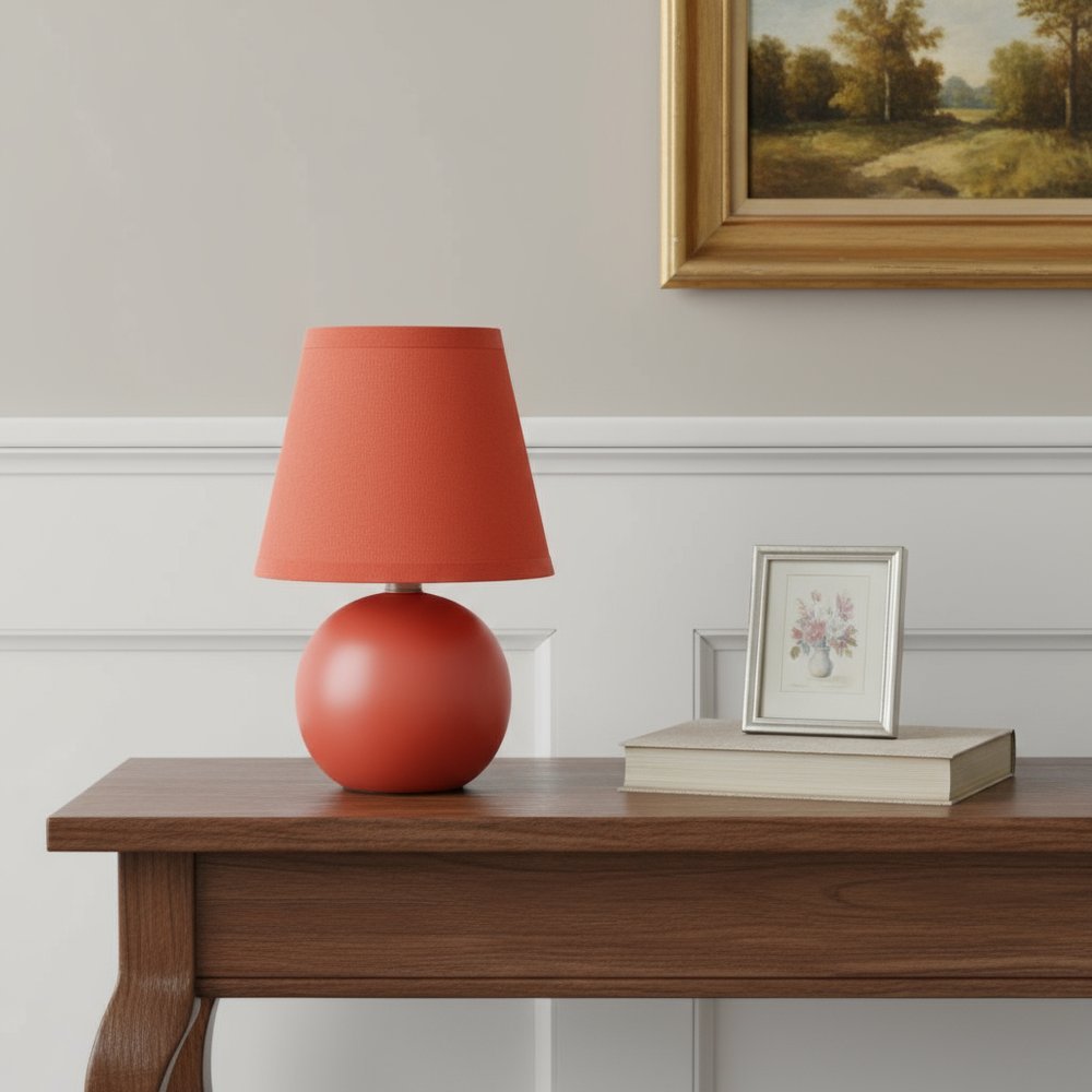 9" Orange Ceramic Round Table Lamp With Orange Drum Shade
